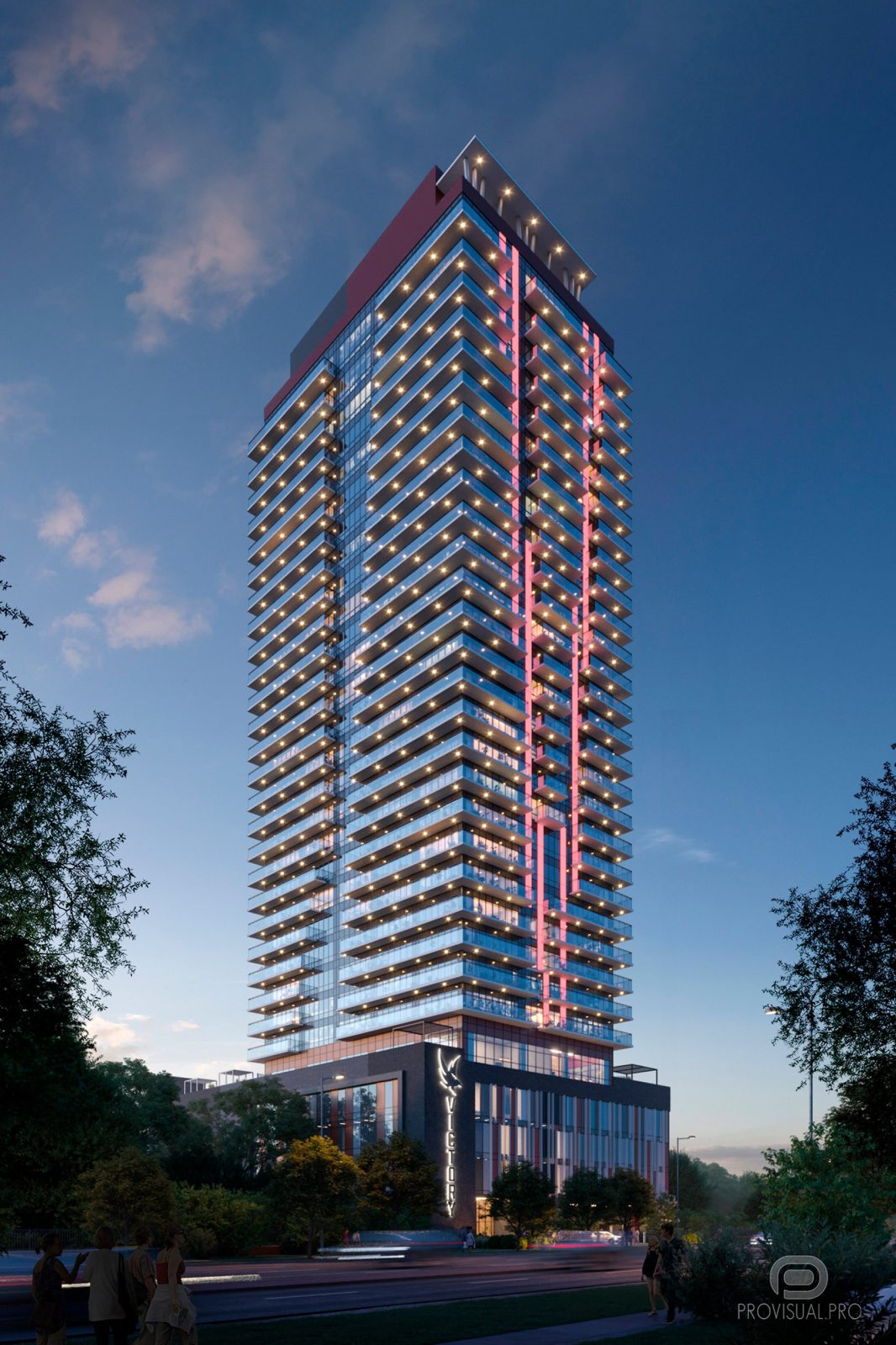 Victory exterior dusk rendering (Toronto, Canada)
