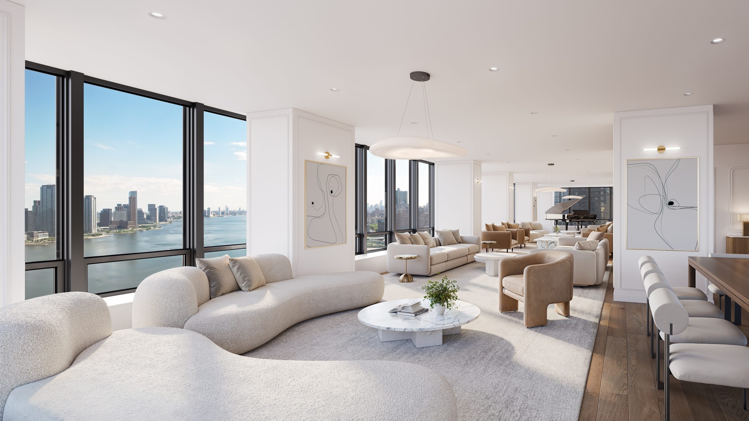 Luxury high-rise apartment living room in New York City with panoramic skyline and river views