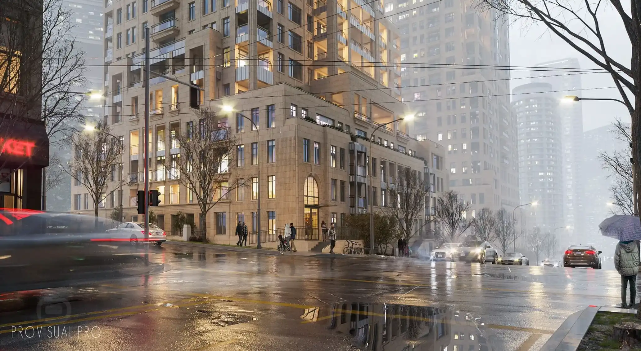 Rendu 3D extérieur haute qualité d’un immeuble contemporain de grande hauteur