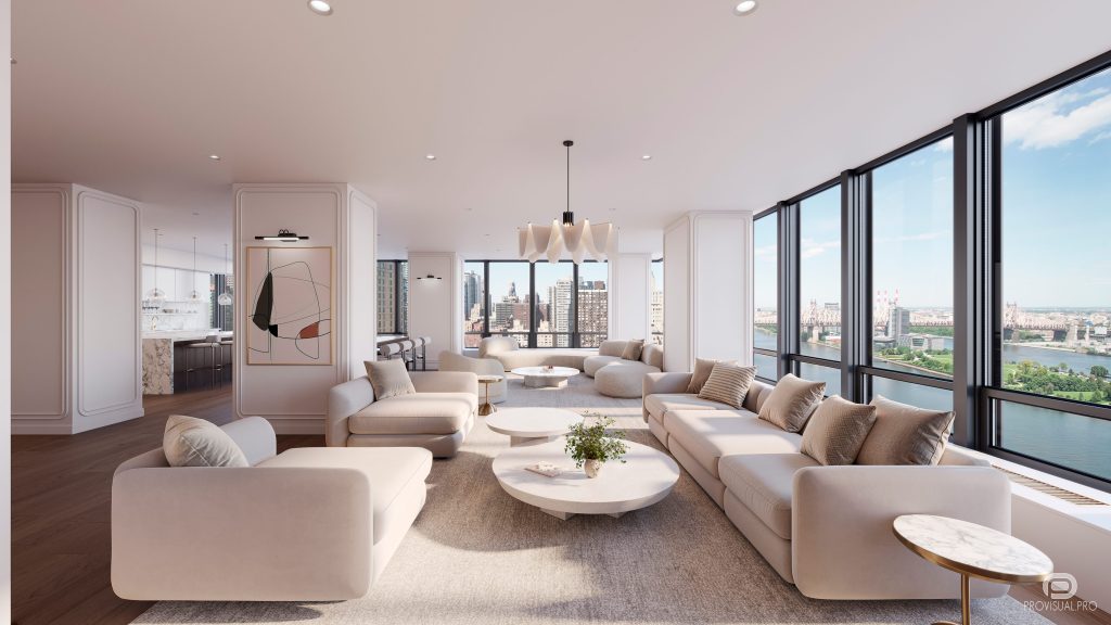 Photorealistic interior rendering at 870 United Nations Plaza — dining area and East River view