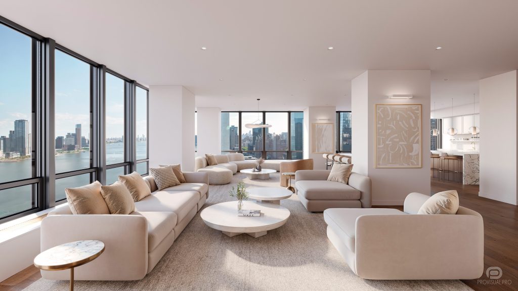 Luxury duplex interior 3D visualization — glass curtain wall and Midtown view