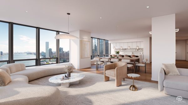 870 United Nations Plaza interior 3D visualization — living room with NYC skyline