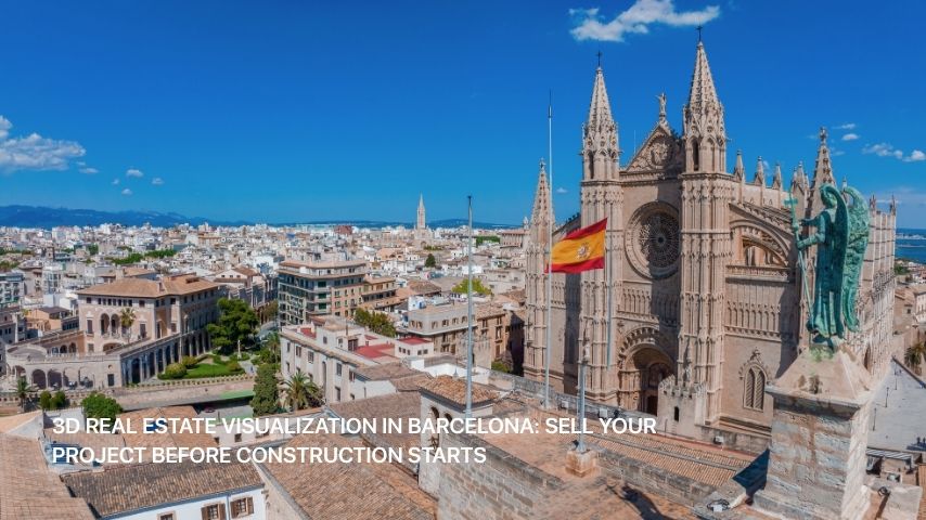 3D real estate visualization Barcelona modern building with terraces and sunlight