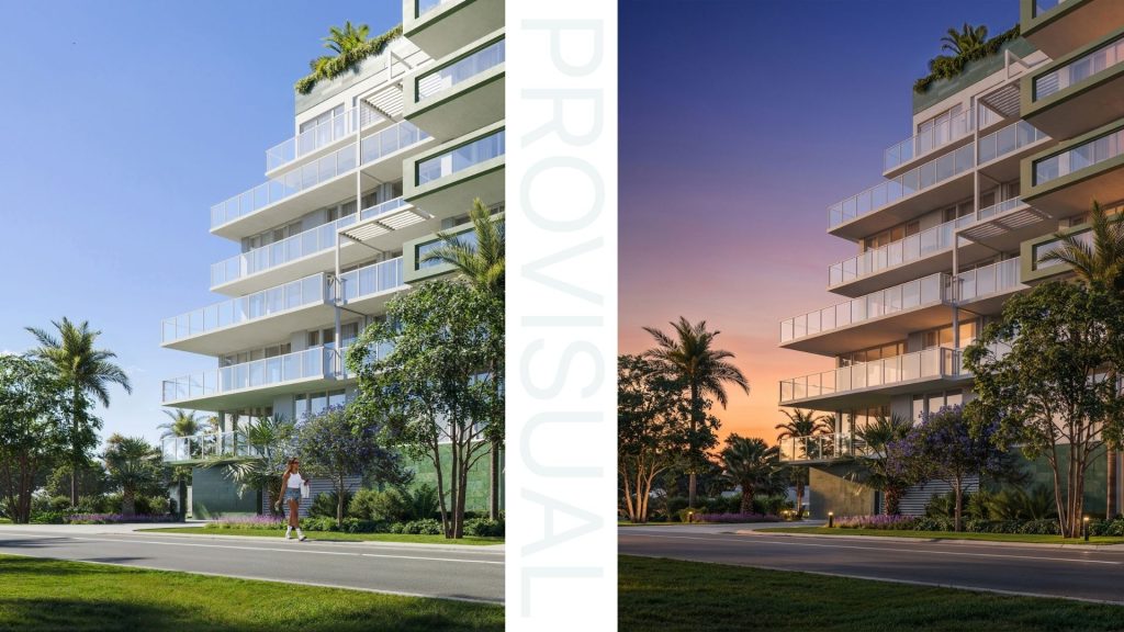 Day to dusk lighting scenarios 3D architectural visualization Miami