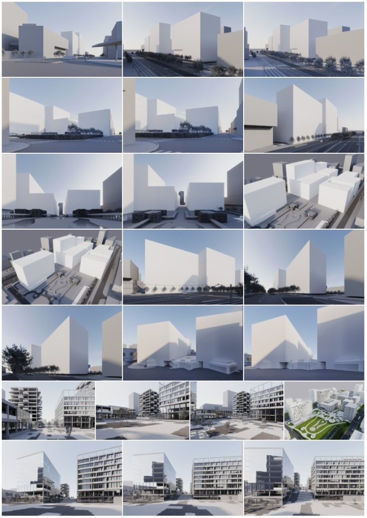 Études d'angles de caméra et de volumétrie en maquette blanche 3D pour le concours Kennedy Park