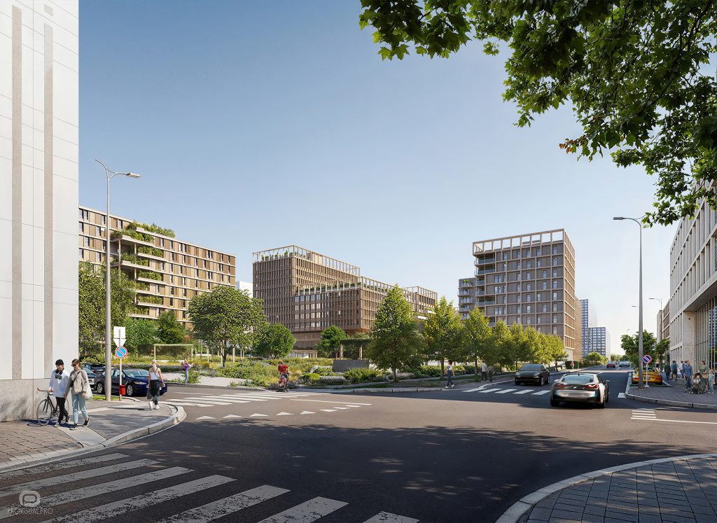 Rendu 3D d'architecture mixte montrant les façades en bois de Kennedy Park au Kirchberg