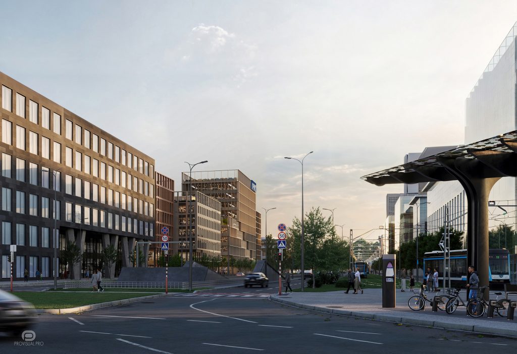 Perspective 3D de la station de tramway et des immeubles de bureaux Kennedy Park à Luxembourg