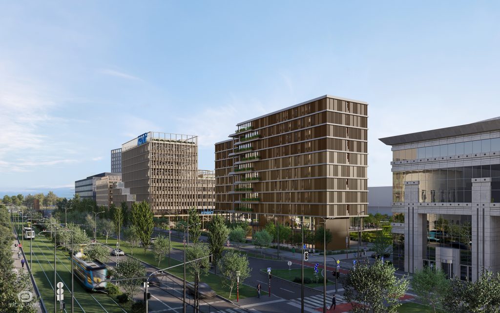 visualisation 3D de grande envergure de la voie verte du tramway et des immeubles en bois