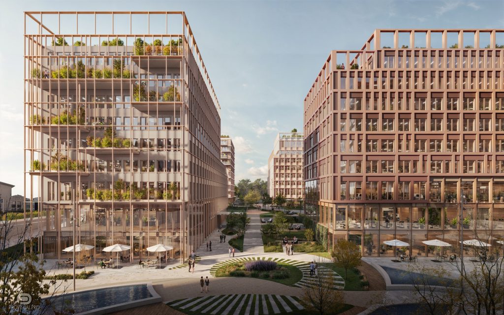 visualisation 3D de grande envergure de la place centrale et des immeubles en bois de Kennedy Park