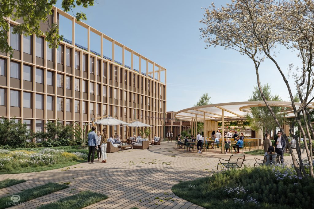 Visualisation 3D de terrasse en bois sur le toit avec pergola bar et panneaux solaires