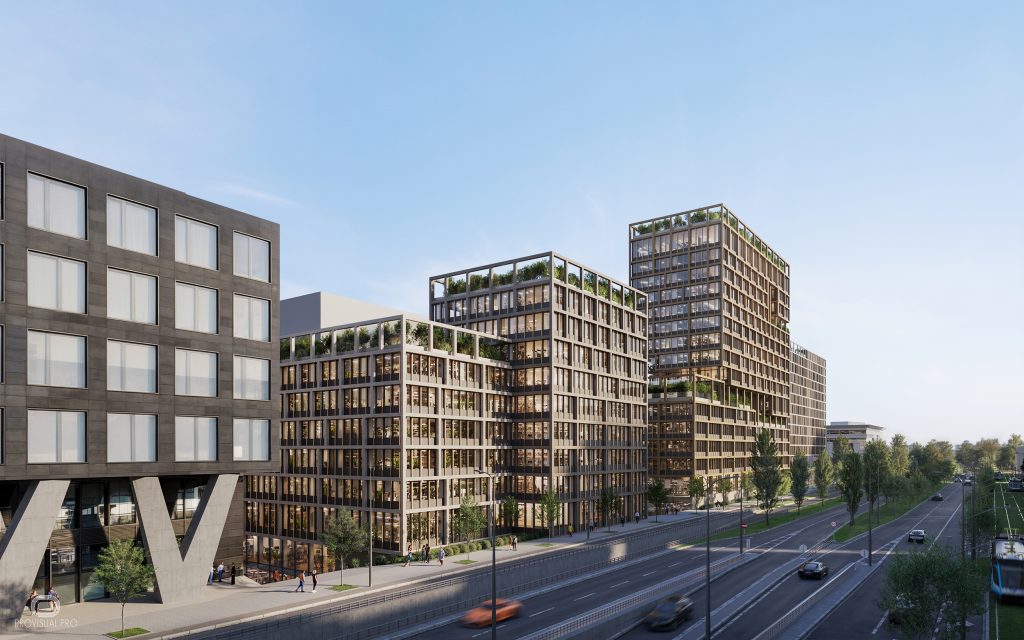 Rendu 3D extérieur des immeubles tertiaires hybrides bois en gradins au Kirchberg